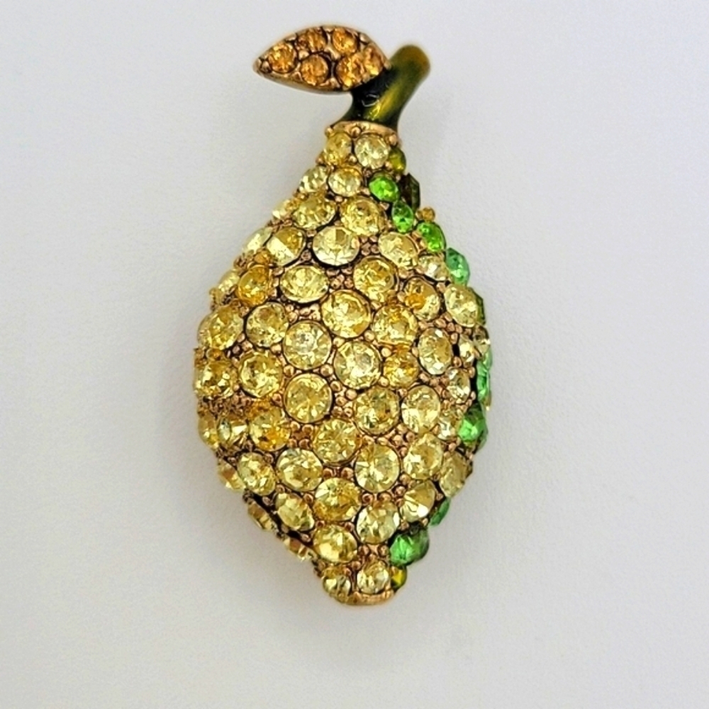 MONET Signed Vintage Pear Brooch Gold Tone Green & Yellow Rhinestones